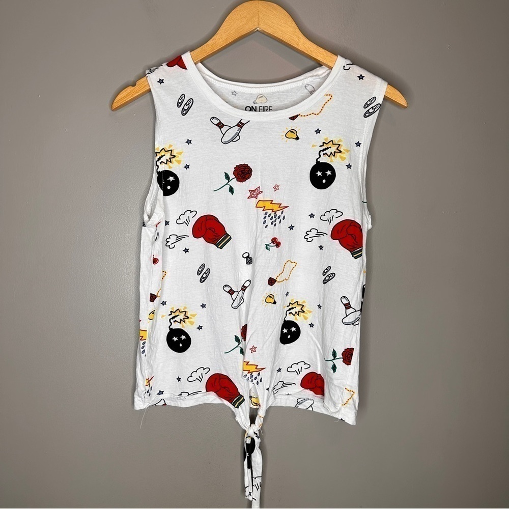 On fire cartoon print tie front tank top